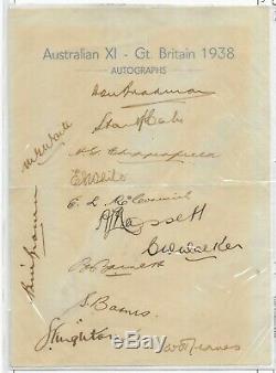 1938 Australian Cricket Team 13 Hand Signed Autographs Bradman, Barnes, Rare