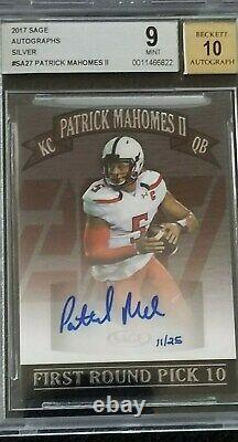 2017 Patrick Mahomes, Hand Numbered #11/25, Sage Rookie Autographs, BGS 9 MINT