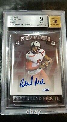 2017 Patrick Mahomes, Hand Numbered #11/25, Sage Rookie Autographs, BGS 9 MINT