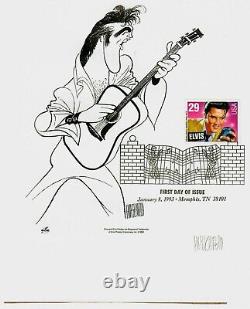 Caricaturist Al Hirschfeld Hand Signed Print With Elvis Stamp JG Autographs COA