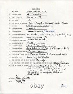 Dean Koontz Hand Signed+filled Out 20 Questions Great Writer Jsa