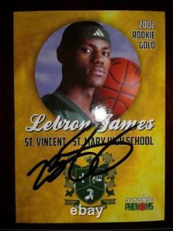 LeBRON JAMES Rookie Gold 2002 Hand-Signed Autographed ROOKIE PHENOMS Card withCOA