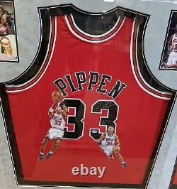 Michael Jordan, Pippen & Rodman hand-painted autographed jerseys framed together