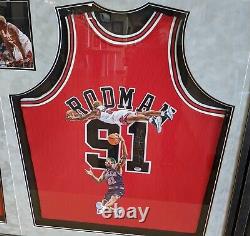 Michael Jordan, Pippen & Rodman hand-painted autographed jerseys framed together