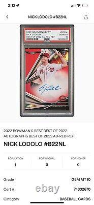 Nick Lodolo 2022 Bowman's Best TRUE RED Auto 10/10 RC GEM MT 10 POP 1