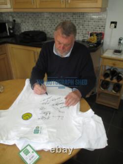PROOF RETRO SMILEY BADGE 1970s LEEDS UTD HAND SIGNED HOME SHIRT AUTOGRAPH UNITED