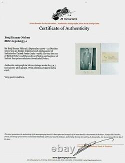 RARE Indian Ambassador to US Braj Nehru Hand Signed 3X5 Card JG Autographs COA