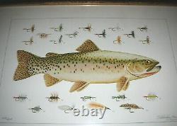 Rare Eldridge Hardie Print Cutthroat Trout And Flies Circa 1970, Hand Signed