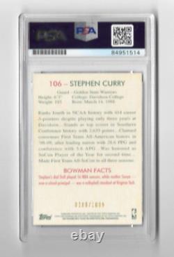 Stephen Curry Signed 2009 Bowman Rookie Card 106 Golden State Warriors PSA 10