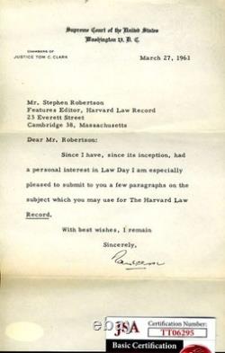 Tom Clark JSA Coa Hand Signed 1961 Supreme Court Letter Autograph