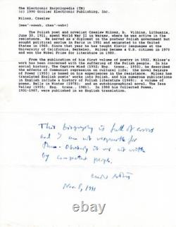 VERY RARE Poet CZESLAW MILOSZ Hand-Written Signed 8.5X11 Note Autograph with COA