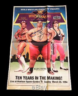 Wwe Yokozuna Bret Hart Lex Luger Hand Signed Autographed Wrestlemania Newspaper