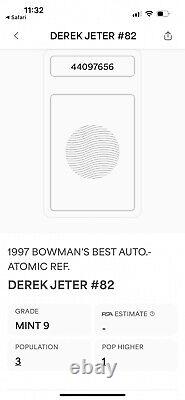 1997 Bowman's Best Atomic Refractor Derek Jeter #82 PSA 9 & 10 Auto Mint Pop 3		<br/>
<br/>Traduction en français: 1997 Bowman's Best Atomic Refractor Derek Jeter #82 PSA 9 & 10 Auto Mint Pop 3