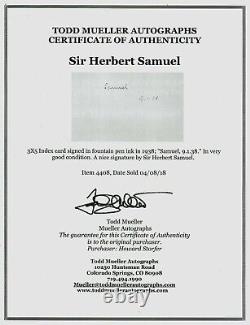 1er Vicomte Herbert Samuel Carte 3x5 signée à la main datée de 1938 avec certificat d'authenticité