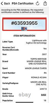 2017 Topps Heritage Ronald Acuna Minor League Sur Carte Auto Rookie Rc Psa 9 Mint