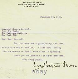 Auteur féministe Inez Haynes Irwin, lettre signée à la main de 1925, JG Autographs COA