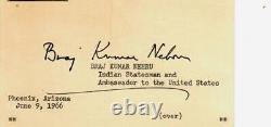 CARTE 3X5 SIGNÉE À LA MAIN PAR L'AMBASSADEUR INDIEN RARE AUX ÉTATS-UNIS BRAJ NEHRU JG AUTOGRAPHS COA