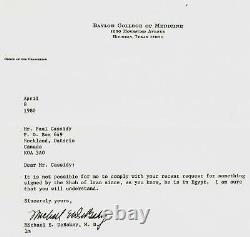 Chirurgien cardiaque Michael DeBakey Main Signé TLS Daté 1980 JG Autographes COA