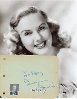 Deanna Durbin Page d'album vintage signée à la main + Photographie