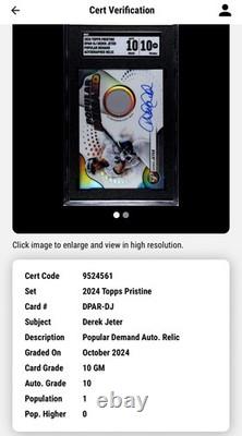 Derek Jeter ? 2024 Topps Pristine SGC 10 Auto 10 Demande Populaire POP 1