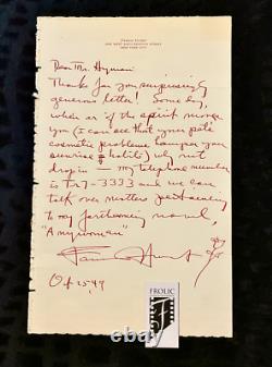 FANNIE HURST Autographe/ Lettre manuscrite signée JSA (COA) Romancière américaine