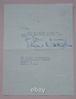 Lettre autographiée d'Edwina Mountbatten de Birmanie 1958 Signée à la main