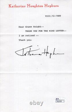 Lettre manuscrite signée par Katharine Hepburn sur papier à en-tête, Je suis à la retraite Jsa