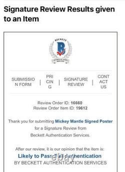 Mickey Mantle Signé À La Main Affiche Autographiée 14x11 Rare Vintage Safe À La Maison