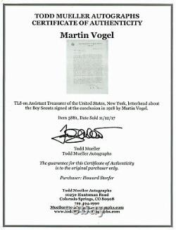 RARE ! Lettre signée à la main de Martin Vogel, trésorier adjoint de Wilson, avec certificat d'authenticité.