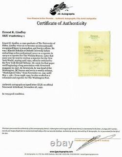 RARE! Newsweek Ernest K. Lindley Lettre signée à la main datée de 1952 JG Autographs COA