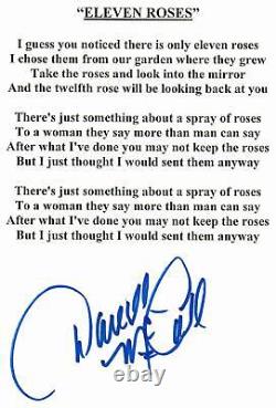 RARE! Onze roses Darrell McCall Feuille de paroles signée à la main avec certificat d'authenticité JG Autographs
