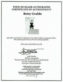 Symbole sexuel Betty Grable, carte de 3x5 pouces signée à la main, avec certificat d'authenticité de Todd Mueller COA